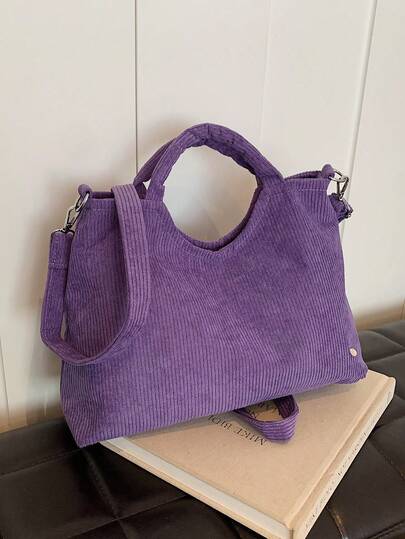 1pc Solid Color Corduroy Tote Bag With Large Capacity, Elegant Luxury Purple Color, Fashion Shell Piece Decor, Minimalist Design Suitable For Daily, Shopping, Commuting