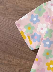 Camiseta de cuello redondo de manga corta con estampado floral para niñas, blusa casual para niños