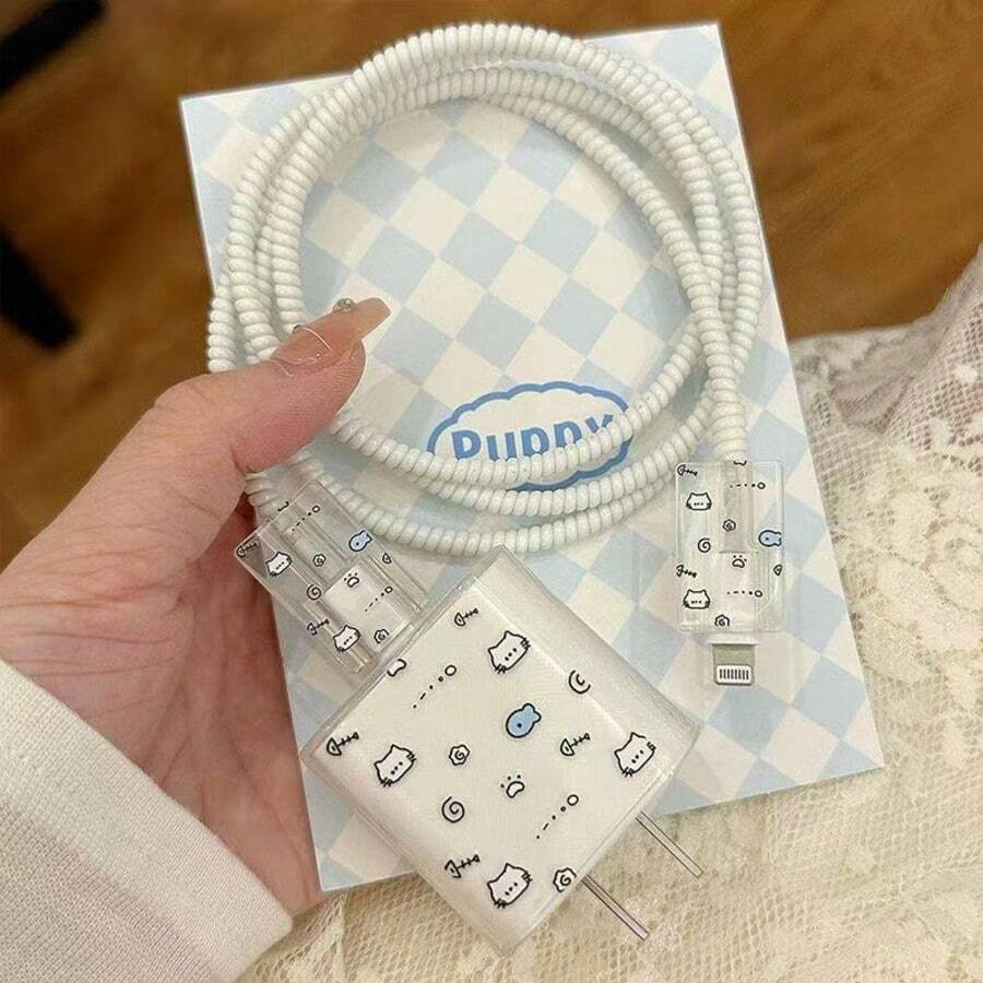 可爱猫咪鱼/花卉图案 18/20W 保护套，兼容苹果 15W 充电线，也适用于 14/15/16 充电器，防弯折，精美礼品 - 無色 - 查看 1