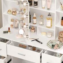 Large Vanity Table, 39.37" Makeup Vanity With Mirror And Lighting, Dressing Table With 7 Drawers, 4 Shelves, 1 Stool, 3 Color-Adjustable Makeup Mirrors, Desk Set For The Bedroom, White - 白色 - 查看 6