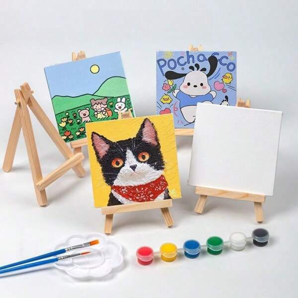 Mini Canvas Panel, Small Wooden Art Easel, Paint Brushes, Color Paints, And Disposable Apron Set (Canvas Panel + Triangle Easel + 2 X Liners + Colors + Palette) - Acrylic Painting, Blank Canvases, Handmade Art Board, DIY Painting, Graffiti, Wooden Easel Set, Ins Creative Mini Painting Panel, Student DIY Desktop Painting Stand (Random Color)