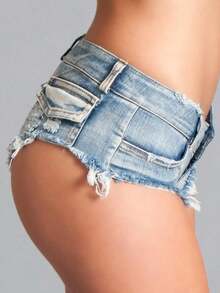 Low Rise Frayed Denim Micro Shorts – Stretch Fit – Distressed Edge – Zipper Closure – Summer Streetwear Staple - Blue - View 2