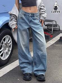 女士休闲宽松直筒牛仔裤 - 中等水洗藍 - 查看 1