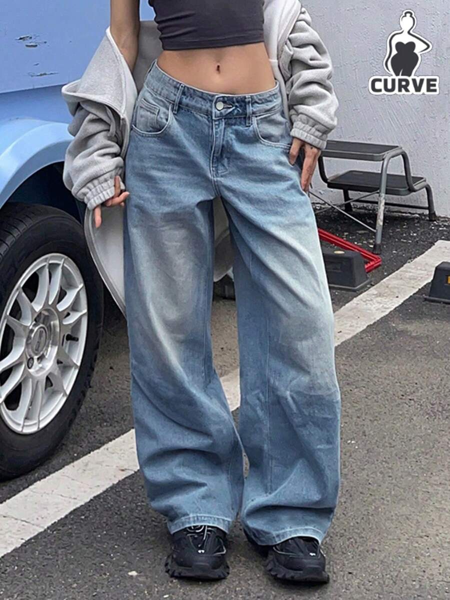 女士休闲宽松直筒牛仔裤 - 中等水洗藍 - 查看 1