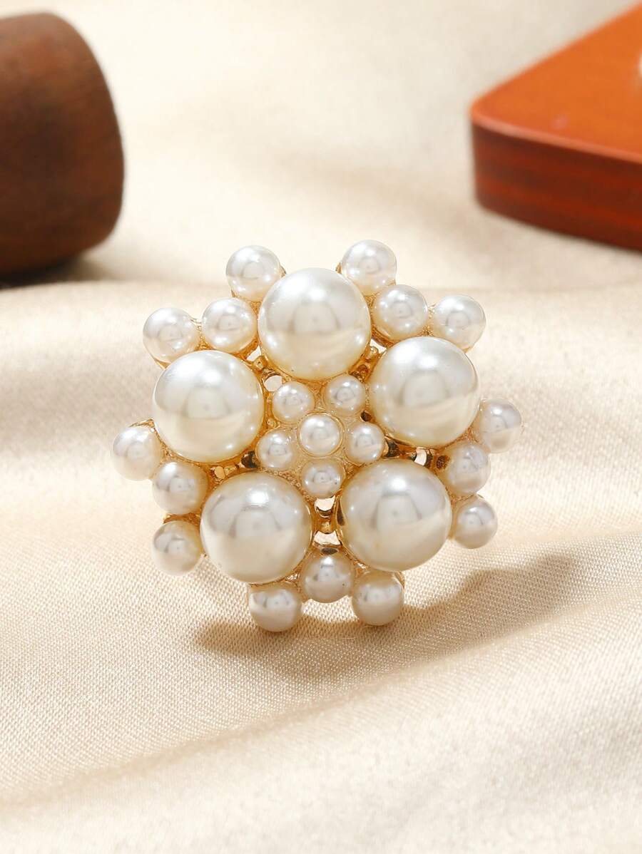 1pc Fashionable Adjustable Exaggerated Flower Shaped Pearl & Rhinestone Ring - White X1867 - View 1