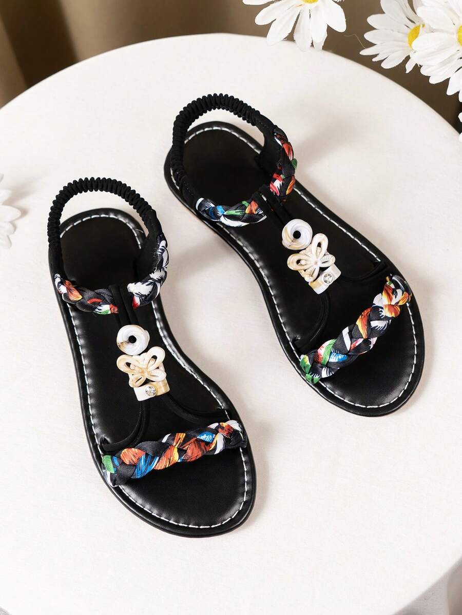 2026新款儿童凉鞋，沙滩凉鞋，品牌凉鞋，时尚米色凉鞋，水钻凉鞋，波西米亚风凉鞋，舒适耐穿，手工编织鞋带 - 黑色 - 查看 1