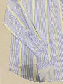女式蓝色休闲/办公优雅条纹纽扣长袖衬衫，春夏