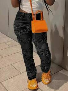 Y2K 90年代街头风做旧牛仔裤，斜插口袋，松紧带，毛边裤脚和独特流苏设计，适合假日、节日和秋季穿着 - 女士休闲黑色春季款 - 黑色 - 查看 2