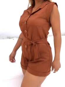 Short Linen Jumpsuit With Belt New Release - 鏽棕色 - 查看 2