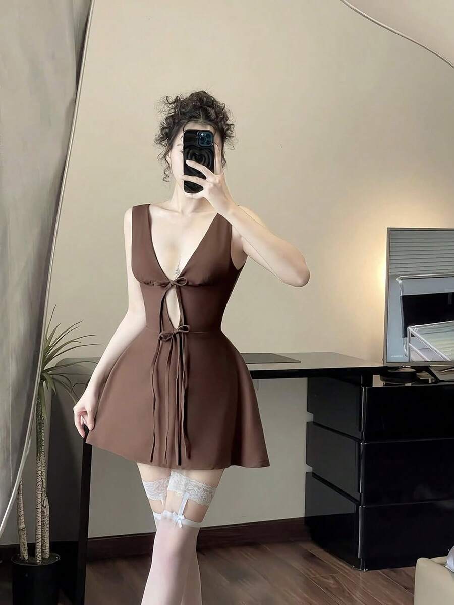 Women Elegant Solid Color Sleeveless Mini Dress With Deep V-Neck And Bowknot, Minimalist Design Summer - Brown - View 1