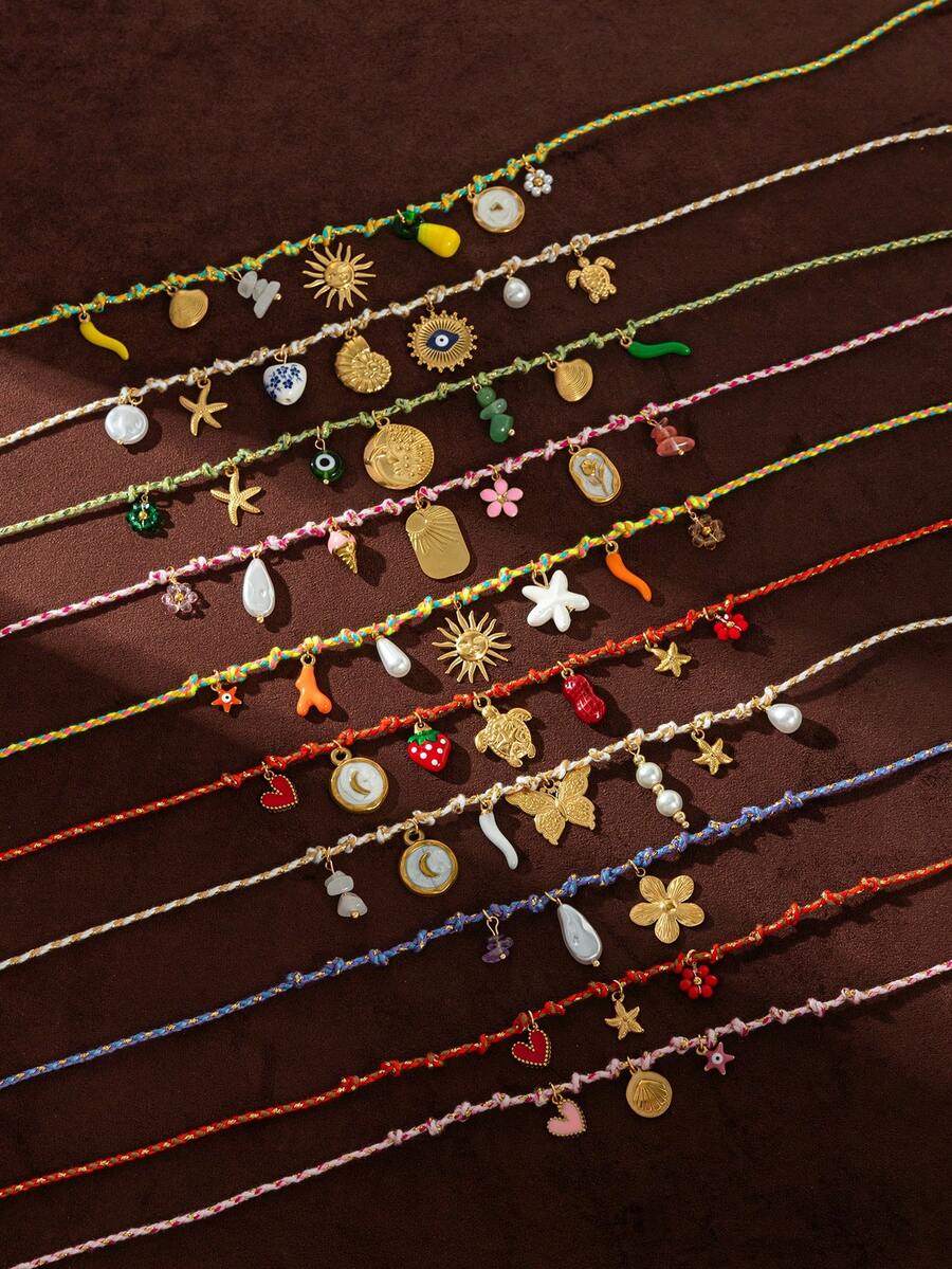 1 件不锈钢材质休闲海滩度假风格海洋生物太阳龟星花吊坠珍珠吊坠编织织物链女士项链，高品质，镀 18K 金，防水防汗，适合日常使用，是送给妻子、母亲和女朋友的最佳礼物