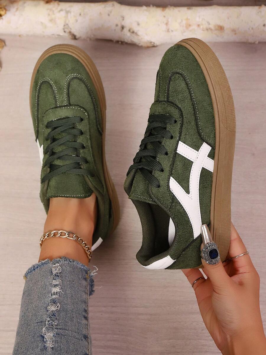 New Fashion Casual Sport Shoes, Versatile Suede-Like Lace-Up Sneakers For Students - Army Green - View 1