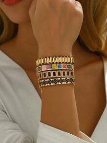 1 pièce Bracelet ajustable de luxe et mode, style bohème rétro avec motif géométrique losangique en zirconium. Convient pour les banquets, les fêtes, le port quotidien, l'Aïd al-Adha, les cadeaux de vacances