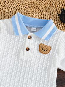 Set de 2 piezas: Camisa polo con bordado de oso y cuello, y shorts cómodos para niño bebé, conjunto de estilo británico