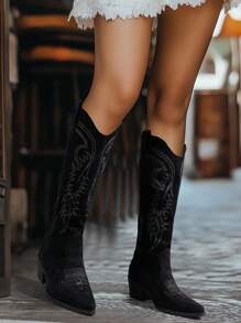 New Retro Embroidered Boots, Casual Western Style Boots, Thick Heel Anti-Slip Mid-Calf Boots, Comfortable & Versatile Riding Boots, Autumn/Winter,Cowboy Boots
