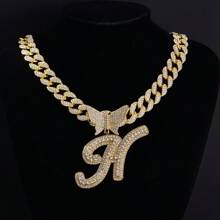 1pc Hiphop Style Curb Chain Necklace With 26pcs Butterfly & Alphabet Charm Pendant, Gift Box Packaging Suitable For Friends
