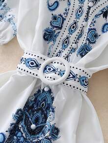 Women Floral Print Lantern Sleeve Mini Dress - Blue - View 5