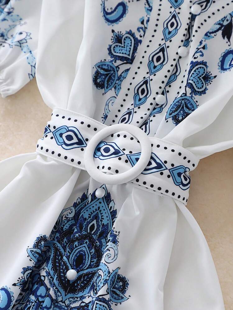 Women Floral Print Lantern Sleeve Mini Dress - Blue - View 5