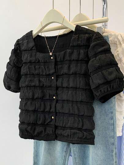 夏季纯色涤纶多层蛋糕纽扣短袖衬衫（不对称剪裁）