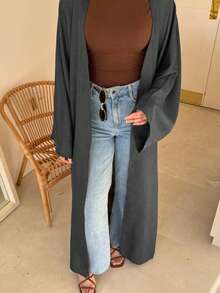 1pc Women Classic Solid Color Open Front Robe, Loose Fit Linen Comfortable Cardigan Long Robe, Arabic Dubai Modest Wear Fall - Dark Grey - View 5