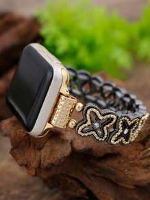 1pc Fashionable Classic Lucky Grass Zinc Alloy Elastic Bracelet Strap Compatible With Apple Watch Band 38/40/41/42/44/45/49/(S10 42)/(S10 46)Mm, Retro Elegant Simple Flower Rhinestone Zinc Alloy Bracelet Strap Is Compatible With Iwatch Band Ultra2/S10/SE/9/8/7/6/5/4/3/2/1Series, Bohemian Style Women Watchbands, Fine Women Fashion Watch Accessories, Smart Watch Strap/Band, Unique Personalized And Style Strap, Valentine's Day Mother's Day Gift