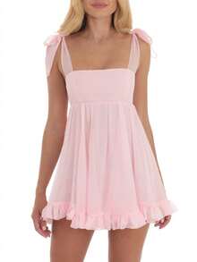Women's Babydoll Mini Dress Tie Shoulder Backless Bow Party Summer Sundress Flowy Short Graduation Dress - 粉色 - 查看 1