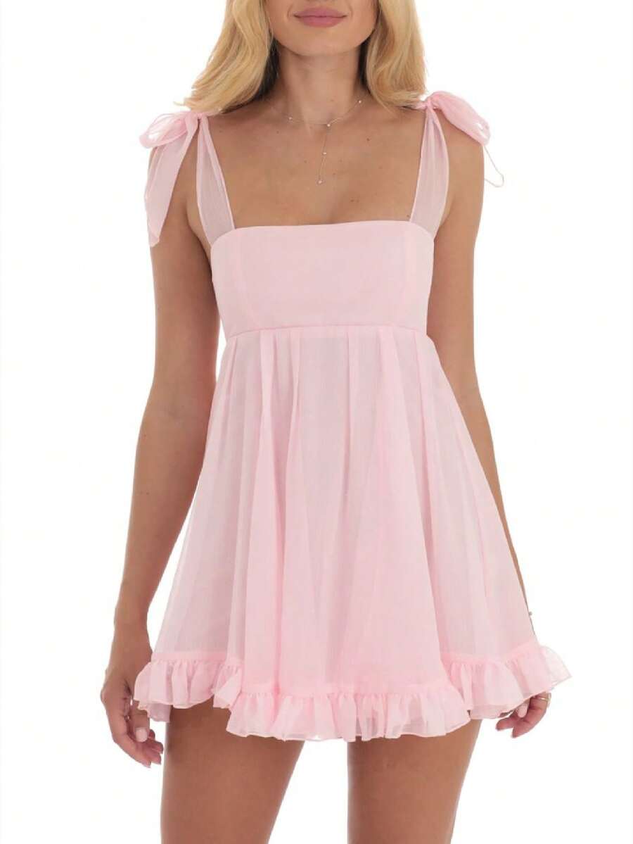 Women's Babydoll Mini Dress Tie Shoulder Backless Bow Party Summer Sundress Flowy Short Graduation Dress - 粉色 - 查看 1