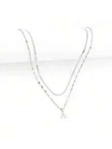 女士双层不锈钢项链，26个金银字母，欧美时尚风格，珠宝批发 - 銀色 - 查看 2