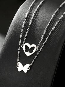 2 件套简约不锈钢蝴蝶心形元素吊坠项链，适合日常佩戴，送给女朋友、家人、朋友、海滩度假、节日、生日的礼物 - 銀白色 - 查看 7