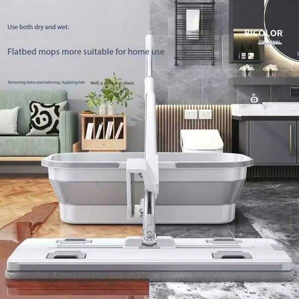 1 Set/1pc 45cm Mop With 2pcs Replaceable Washable Mop Pads And 1 Foldable Bucket, Slouchy Free-Wash Flat Mop With Automatic Water Spin, Suitable For Cleaning Various Floors In Living Room And Bedroom