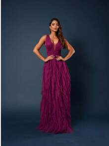 Long Party Dress With Sparkle And Cascading Skirt With V-Neckline - 玫瑰紅 - 查看 4