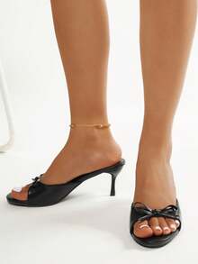 女士新款时尚优雅细高跟凉鞋，可爱蝴蝶结装饰露趾增高一脚蹬鞋，适合正式或休闲场合穿着 - 黑色 - 查看 2