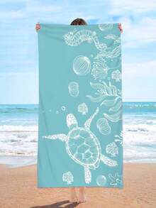1pc Microfiber Sea Turtle, Starfish, Seaweed, Seahorse Print Beach Towel Travel Essentials Travel Accessories Beach Essentials - Multicolor - View 1