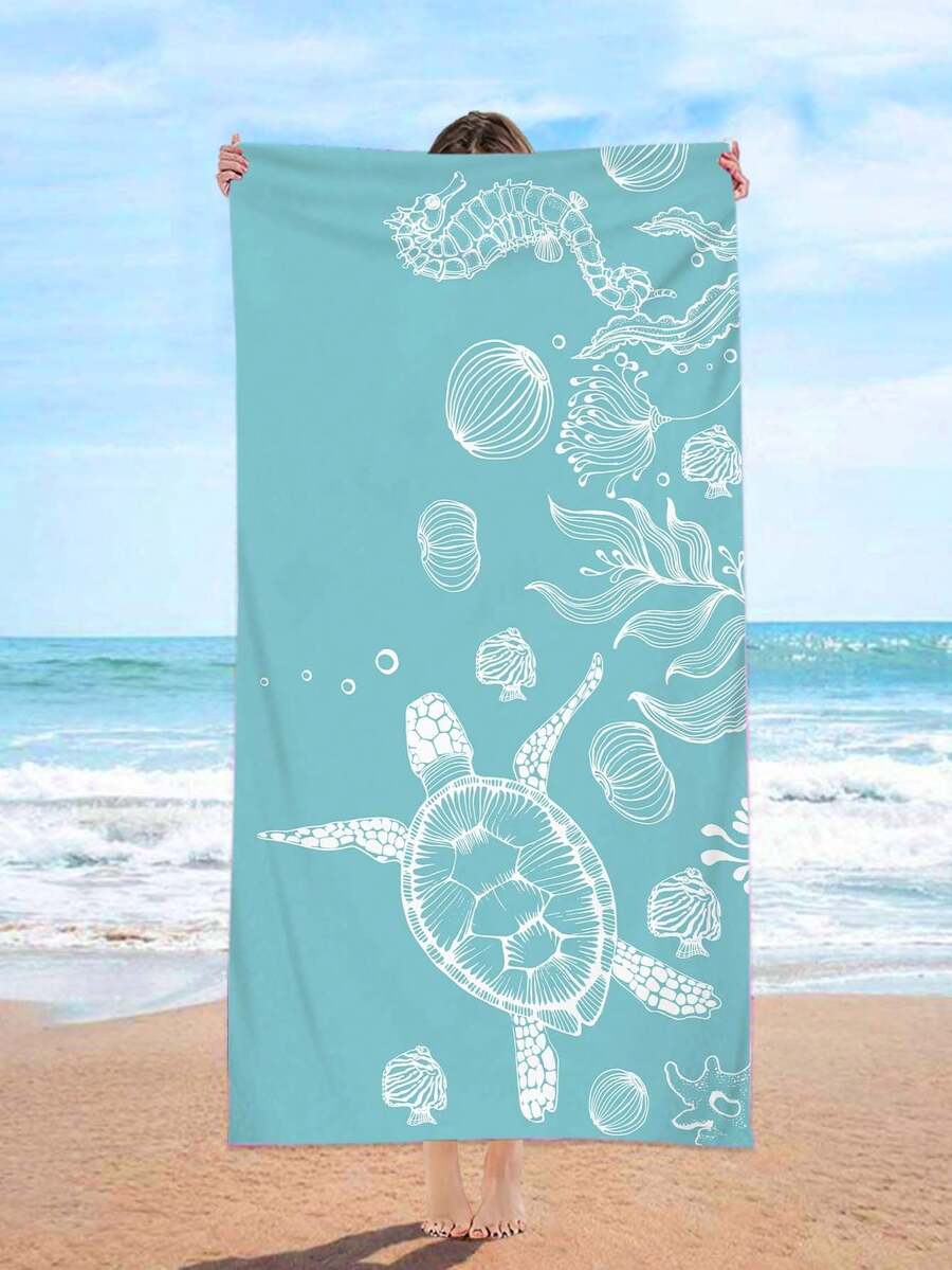 1pc Microfiber Sea Turtle, Starfish, Seaweed, Seahorse Print Beach Towel Travel Essentials Travel Accessories Beach Essentials - Multicolor - View 1