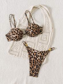 Summer Leopard Print Sexy Boho Tie-Front Halter Split Bikini Swimsuit 2-Piece Set, For Beach Vacation - Multicolor - View 3