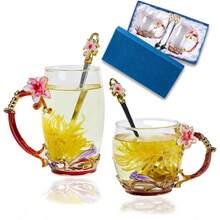 Tea Cup Glass Coffee Mugs,Fancy Tea Cup Set Birthday Christmas Valentine's Day Gift Idea For Tea Lover And Women Novelty Coffee Mugs Rose Flower Enamel Tea Cup Glass Mug With Spoon Set - 粉色 - 查看 1