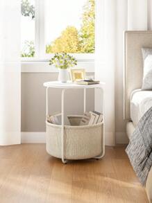 Small Bedside Table With Fabric Basket, Modern Nightstand, Round Side Table, For Living Room, Bedroom