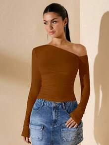 Women's Minimalist Asymmetric Shoulder Long Sleeve Fitted T-Shirt Top, Daily Use, Fall/Winter Festa Junina Festa São João - 摩卡棕 - 查看 2