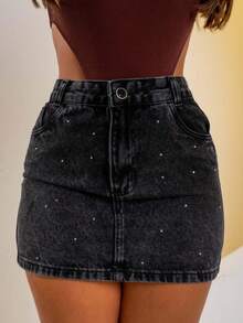 Women's High Waisted Denim Skirt With Rhinestone Crystals And Black Shine I 100% Cotton - 黑色石洗 - 查看 2