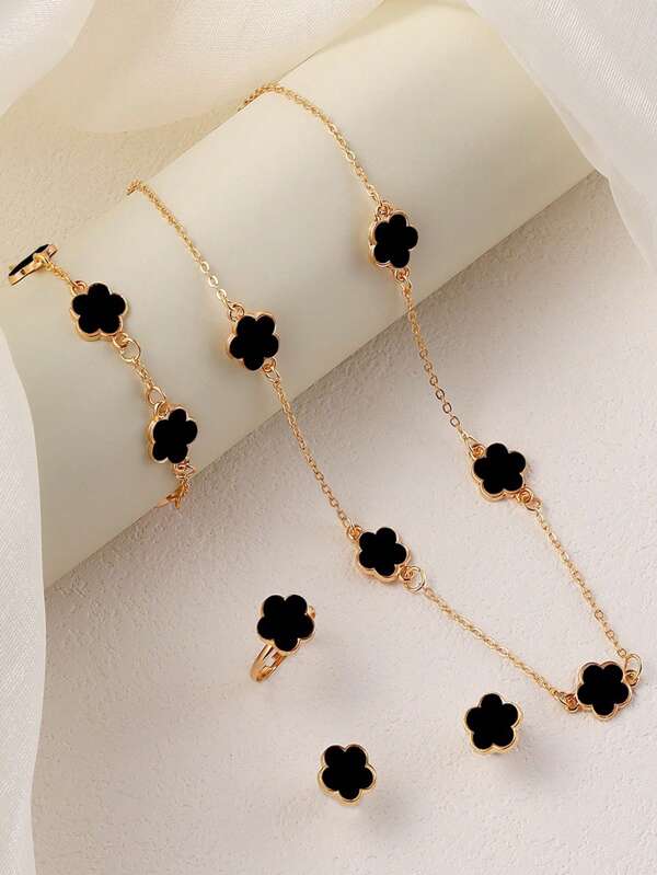 5pcs Women's Fashion Jewelry Set, Simple & Versatile Clover Pendant Necklace, Bracelet, Earrings, Ring, Suitable For Daily, Casual, Party, Evening, Festival Gatherings, Perfect Gift