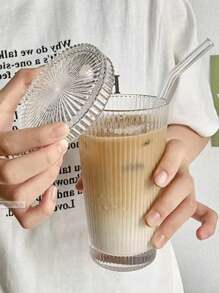 1 Stück Glas mit Strohhalm und Deckel, Fassungsvermögen 350ml, vertikale Streifen, hochästhetischer Saft/Milch/Kaffee Becher Trinkglas hitzebeständig, geeignet für Kaffee/Tee/Latte, geeignet für Zuhause, Hotel, Party, Restaurant, geeignet für den Sommer, Abschlussgeschenk, Schulanfangsgeschenk, Lehrertagsgeschenk, Muttertagsgeschenk, Valentinstagsgeschenk