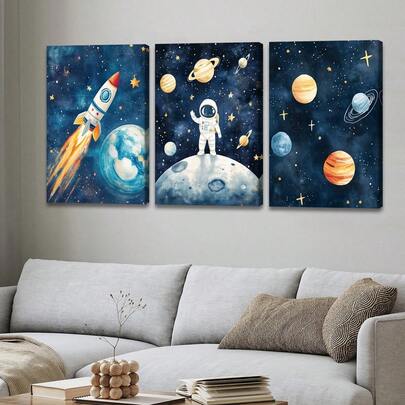 3pcs Wooden Framed Canvas, Kindergarten Space Decoration Painting, Fantasy Decorations, Frame Painting, Modern Art, Canvas, Perfect Gift For Friends And Family, Home, Room Mural, Office, For Living Room, Bedroom Wall Decor, HD, 8K, Odorless, ,Wall Art With Frame