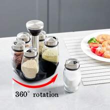 7pcs/Set Spice Jar Set Rack Glass Organizer Rotating Glass Seasoning Sugar Pepper Bottles Salt Shakers Holder Kitchen Storage Rack