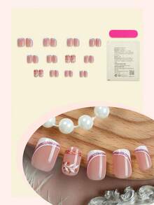 24 片装短方形按压指甲法式尖头按压指甲，带叶子和金色线条艺术简约设计全覆盖假指甲，适合女士和女孩日常佩戴美甲用品指甲 - 彩色 - 查看 2