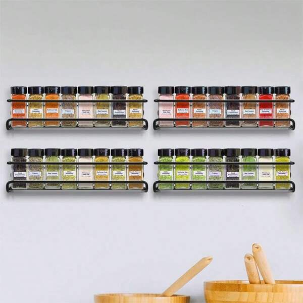 1pc Black/Silver Metal Spice Rack, Adhesive Or Screw-Mounted Installation, Space-Saving Spice Jar Holder, Suitable For Cabinet Doors, Walls, Kitchen Storage, Sturdy , Multipurpose Wall Organizer For Kitchen, Bathroom Storage, And Wall Decor
