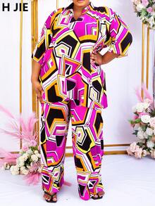 2 Pieces Plus Size Women Set, Featuring Vibrant Geometric Print, Designed For Fashionable Curvy Ladies, Bold & Beautiful - Pink - View 4