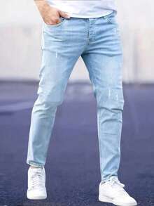 Men's Casual Fashion Ripped Skinny Stretch Denim Jeans - Light Wash - View 4