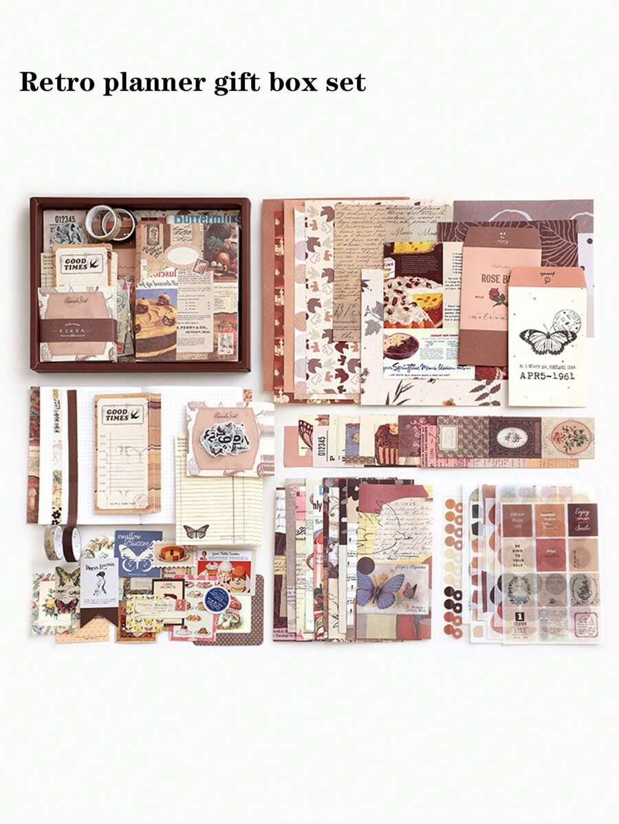 1 set Boîte cadeau de papeterie vintage, Ensemble de papeterie rétro pour filles esthétiques, comprenant un cahier, des autocollants, des notes autocollantes, du papier décoratif et des rubans washi, adapté comme cadeau pour les fêtes, les anniversaires et les remises de diplômes