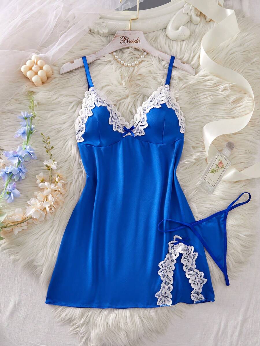 ROMWE Kawaii Váy ngủ nữ thiết kế quyến rũ cổ chữ V phối ren màu tương phản, đồ lót gợi cảm cho nữ, áo ngủ dây mảnh gợi cảm khi đi chơi - Màu xanh lam - Xem 1