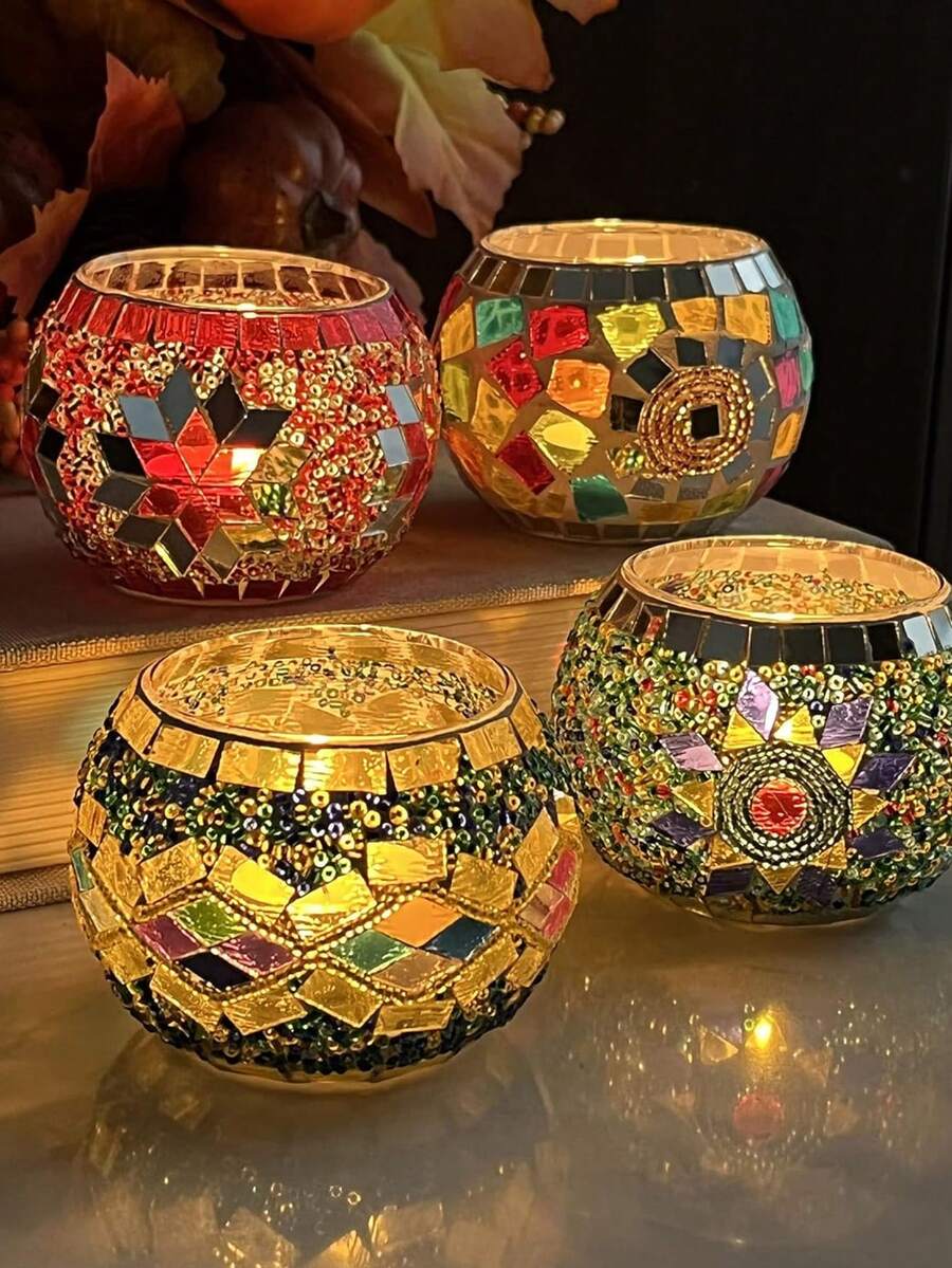 3-Piece Set Of Gorgeous Handmade Turkish Moroccan Mosaic Glass Candle Holder - Colored Tabletop Candle Holder With Star And Moon Design, Handmade Pen Holder, Potted Flower Plate, Makeup Storage, Candle Container For Romantic Dinner, Wedding Anniversary, Birthday, Party Decor, Home Decor And Multicultural Festivals Including Christmas, New Year, Diwali And Three Kings Day